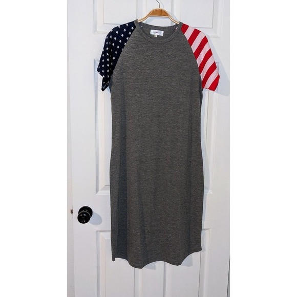 Sign Here Gray Midi Dress Patriotic American Flag Sleeves Women's Size L NWOT - Picture 3 of 9